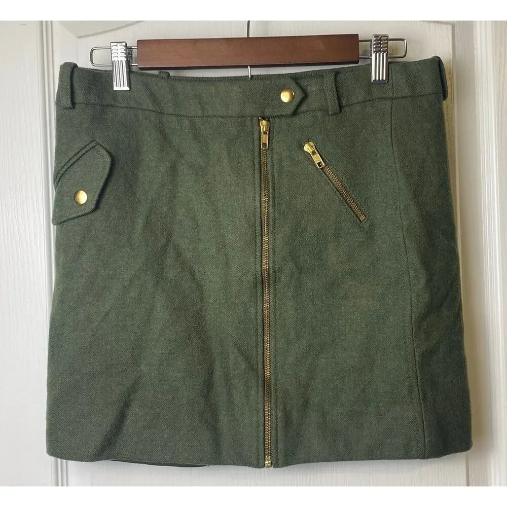 J. Crew Military Green 100% Wool Moto Miniskirt Gold-toned Hardware Size 6